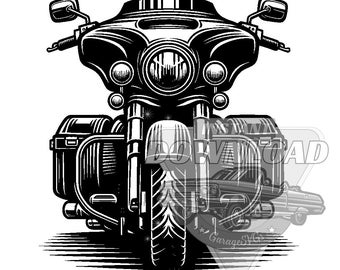 May include: Black and white illustration of a motorcycle with a large front headlight and saddlebags. The motorcycle is drawn in a detailed style with visible engine parts and a classic design.