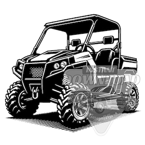 May include: Black and white illustration of a side-by-side off-road vehicle with a roll cage and large tyres.