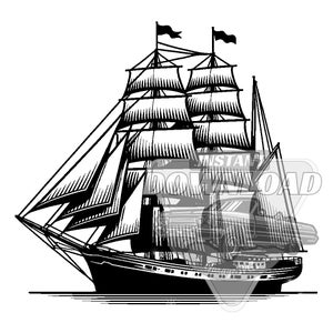 Pode incluir: Uma ilustração em preto e branco de um alto navio à vela com múltiplos mastros e velas. O navio é desenhado em um estilo detalhado e realista.