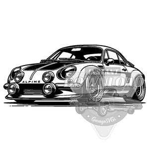 Puede incluir: Un dibujo en blanco y negro de un coche deportivo Alpine vintage. El coche tiene un frontal distintivo con una gran parrilla y faros redondos. La palabra "ALPINE" está escrita en la parte delantera del coche.
