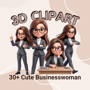 Può includere: Una collezione di personaggi 3D in stile cartoon che raffigurano una persona con lunghi capelli castani e occhiali, che indossa un completo grigio. I personaggi sono mostrati in varie pose, tra cui in piedi, che indica, con le braccia incrociate e seduta.