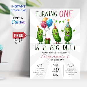 EDITABLE First Birthday It&#39;s a Big Dill Invitation Template, Dill Pickle Party, Birthday Invite, Pickle Theme, Pickle party Invites, BIM10