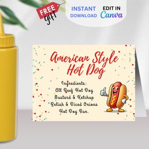 EDITIERBARE Hot Dog Party Lebensmitteletiketten, gefaltete Lebensmittelkarten, lustige Grill-Picknick-Tischkarte, digitales Wurst-Buffetkartendesign, anpassbar, BIAG10