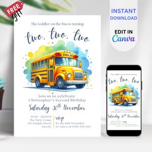 EDITABLE Wheels on Bus Digital Invitation, Customizable Birthday Invite, Instant Download, School Bus Theme, Fun Design, BIAL10