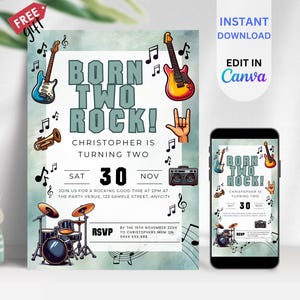 EDITABLE Instant Download, 2nd Birthday Rock And Roll Theme Party Invitation, Born Two Rock Birthday, Rock And Roll Invitation BIA10