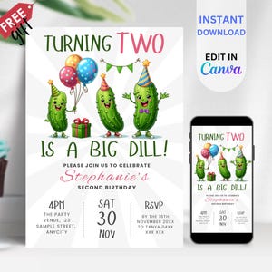 EDITABLE Dill Pickle Party, It&#39;s a Big Dill Birthday Invite, Birthday Pickle Invitation Template, Pickle Theme, Pickle party Invites, BIM10