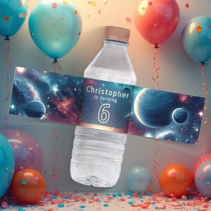 Etiqueta editable para botella de agua "Fuera de este mundo", etiqueta para botella de agua, decoración para fiesta espacial, decoración de cumpleaños, envoltorio para botella del espacio exterior, BI600