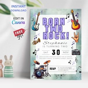 EDITABLE Born Two Rock Invitations, 2nd Birthday Party Template, Girl Rock and Roll Music Invite, Punk Rock, Instant Download, BIA10