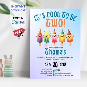 BEARBEITBAR Zwei coole Popsicle Geburtstag, 2. Geburtstagsfeier einladen, lustiges Sommer Popsicle Thema, es ist cool, eins zu sein, digitaler Download, BIAQ10