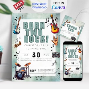 EDITABLE Born Two Rock Invitation, Editable 2nd Birthday Party Invite, Rock and Roll Theme, Instant Download Template, BIA10