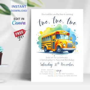EDITABLE Wheels on Bus Digital Invitation, Customizable Birthday Invite, Instant Download, School Bus Theme, Fun Design, BIAL10