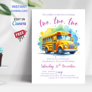 EDITABLE Wheels on Bus Digital Invitation, Customizable Birthday Invite, Instant Download, School Bus Theme, Fun Design, BIAL10