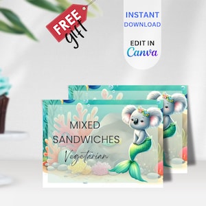 Tarjeta editable de carpa de comida para cumpleaños de sirena, etiqueta de comida, etiqueta de buffet, letrero de comida, decoración de fiesta de sirena, tarjetas de comida de sirena koala, BI500