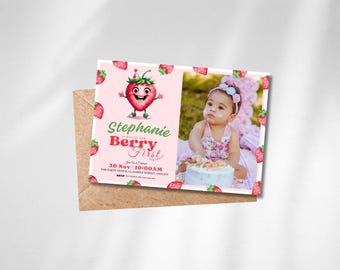 Invitación editable para primer cumpleaños con temática de fresas, descarga instantánea, dulce de bayas, BID10