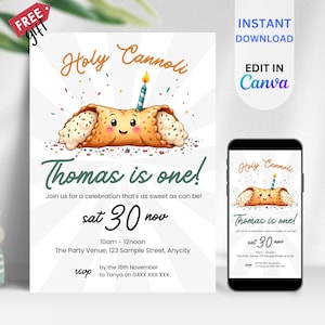 EDITABLE Holy Cannoli Birthday Invitation, Custom Kids Party Invite, Italian Theme, Digital Download, Bakery Celebration Template, BIAB10