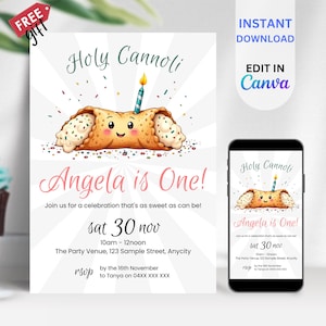 EDITABLE Holy Cannoli Birthday Invitation, Custom Kids Party Invite, Italian Theme, Mobile Evite, Bakery Celebration Template, BIAB10