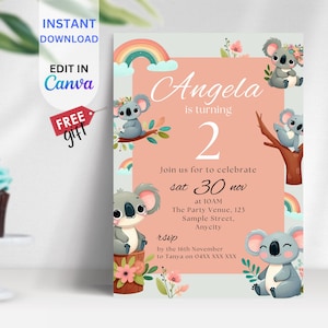 EDITABLE Australian Animal Birthday Invite, Cute Editable Koala & Kangaroo Party Invitation Template, Instant Download for Kids, BIAC10