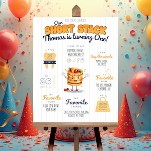 Puede incluir: Un letrero de cumpleaños en un caballete con el texto "Our Short Stack Thomas is turning One!" rodeado de globos y gorros de fiesta. El letrero incluye detalles como la altura (66 cm), el peso (10 kg) y las cosas favoritas.