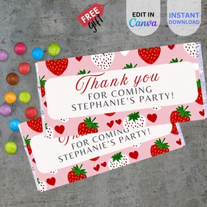 EDITABLE Berry First Birthday Chocolate Bar Wrapper, Strawberry Theme Party Favors, Cute Decor Ideas, Fun Birthday Favors, BID10