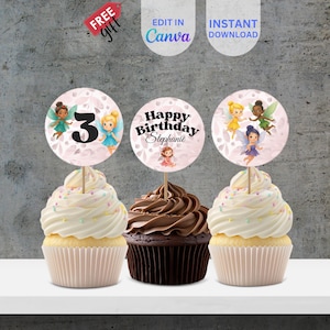 EDITABLE Fairy First Birthday Cupcake Toppers, Customizable Fairies Garden Party Kids Birthday Template, Fun Enchanted Party Decor, BIBD10