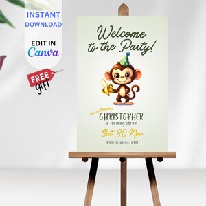 EDITABLE Lets Go Bananas Birthday Welcome Sign, Cheeky Monkey Theme Personalised Poster, Fun Jungle Birthday Party Invitation, BIAZ10