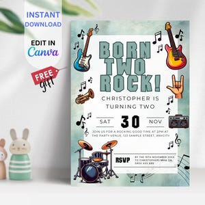EDITABLE Instant Download, 2nd Birthday Rock And Roll Theme Party Invitation, Born Two Rock Birthday, Rock And Roll Invitation, BIA10