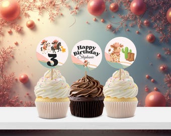 EDITABLE First Rodeo Birthday Cupcake Toppers, Personalized Cowgirl Birthday Cake Sign, Western Girl Kids Party Printable Decor, BIBL10