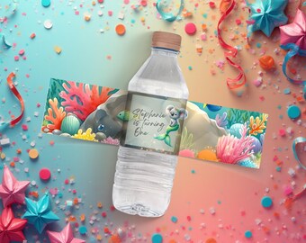 Etiqueta editable para botella de cumpleaños de sirena, etiqueta para botella de agua, decoración para fiesta de sirena, fiesta de niña, envoltorio para botella bajo el mar, BI500