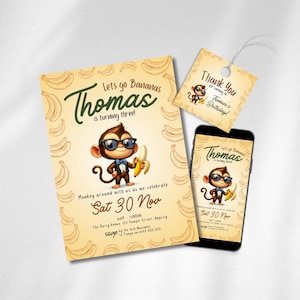 EDITABLE Lets go Bananas Birthday Invitation Bundle, Cheeky Monkey Party Decor, DIY Jungle Theme Invite, Tropical Thank You Tag, BIAZ10