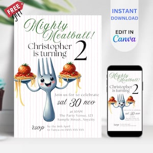 Convite de Almôndega EDITÁVEL para Aniversário Infantil, Convite Digital Evite, Tema de Festa de Pizza de Espaguete Italiano, Modelo de Download Instantâneo, BIZ10