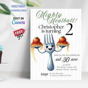Convite de Almôndega EDITÁVEL para Aniversário Infantil, Convite Digital, Tema de Festa de Pizza de Espaguete Italiano, Modelo de Download Instantâneo, BIZ10