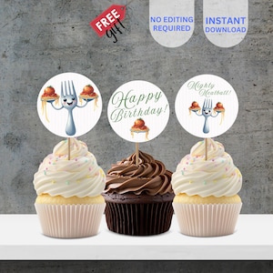 Topo de cupcake de aniversário com almôndegas para impressão, convite de aniversário com espaguete, decorações para festas italianas, placa para cupcake, decoração de aniversário, BIZ10
