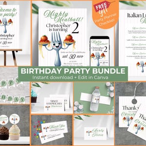 Convite para festa de aniversário de almôndegas EDITÁVEL, modelo de decoração digital editável, tema de espaguete italiano, pacote de festa para impressão, BIZ10