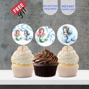 PRINTABLE Mermaid Birthday Cupcake Topper, Mermaid Birthday, Mermaid Party Decor, Baby Girl Party, Under The Sea Cupcake Topper, BI100