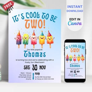 BEARBEITBAR Zwei coole Popsicle Geburtstag, 2. Geburtstagsfeier einladen, lustiges Sommer Popsicle Thema, es ist cool, eins zu sein, digitaler Download, BIAQ10