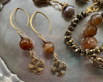 Boho Glam Conquistador Collection Brown Agate and Cross Earrings