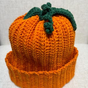 Puede incluir: Sombrero de calabaza de punto naranja con un tallo de punto verde.