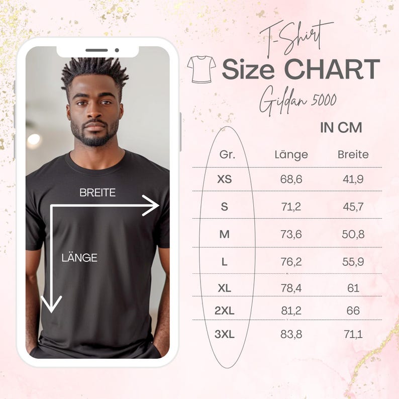 K&ouml;nnte beinhalten: Eine Gr&ouml;&szlig;entabelle f&uuml;r Gildan 5000 T-Shirts, die die Ma&szlig;e in Zentimetern f&uuml;r die Gr&ouml;&szlig;en XS, S, M, L, XL, 2XL und 3XL zeigt. Die Tabelle zeigt die L&auml;nge und Breite jeder Gr&ouml;&szlig;e.