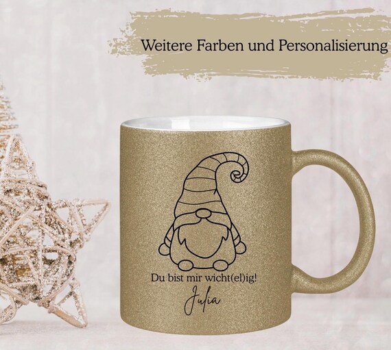 Wichtel Tasse Glitzer, Du bist mir wichtelig, Geschenk zu Weihnachten, personalisiert, Becher Tee, Glitztasse, Wichtelset, Nikolaus Geschenk