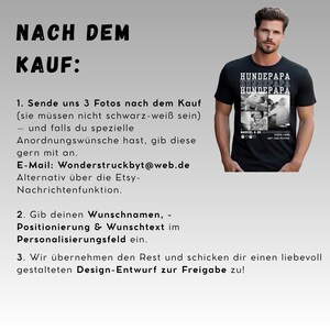 May include: A black t-shirt with the text "HUNDEPAPA" repeated three times and a photo collage. The shirt also features the text "MARCEL & 30" and other German text. Instructions in German are on the left.