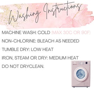 May include: A graphic with washing instructions, including machine wash cold (max 90F), non-chlorine bleach as needed, tumble dry low heat, iron or steam medium heat, and do not dry clean. A washing machine illustration is in the bottom right.