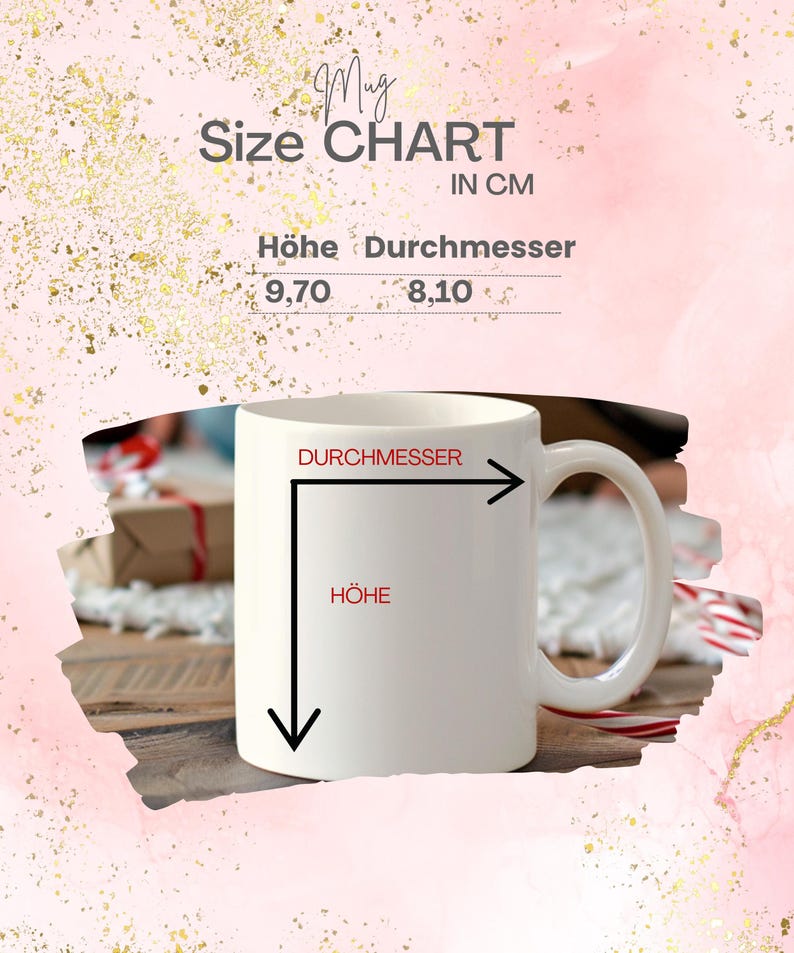 May include: White ceramic mug with a black outline of the mug's height and diameter. The text "Durchmesser" and "H&ouml;he" are written in red on the mug. The mug is 9.70 cm tall and 8.10 cm in diameter. The text "Mug Size Chart in CM" is written in black at the top of the image.