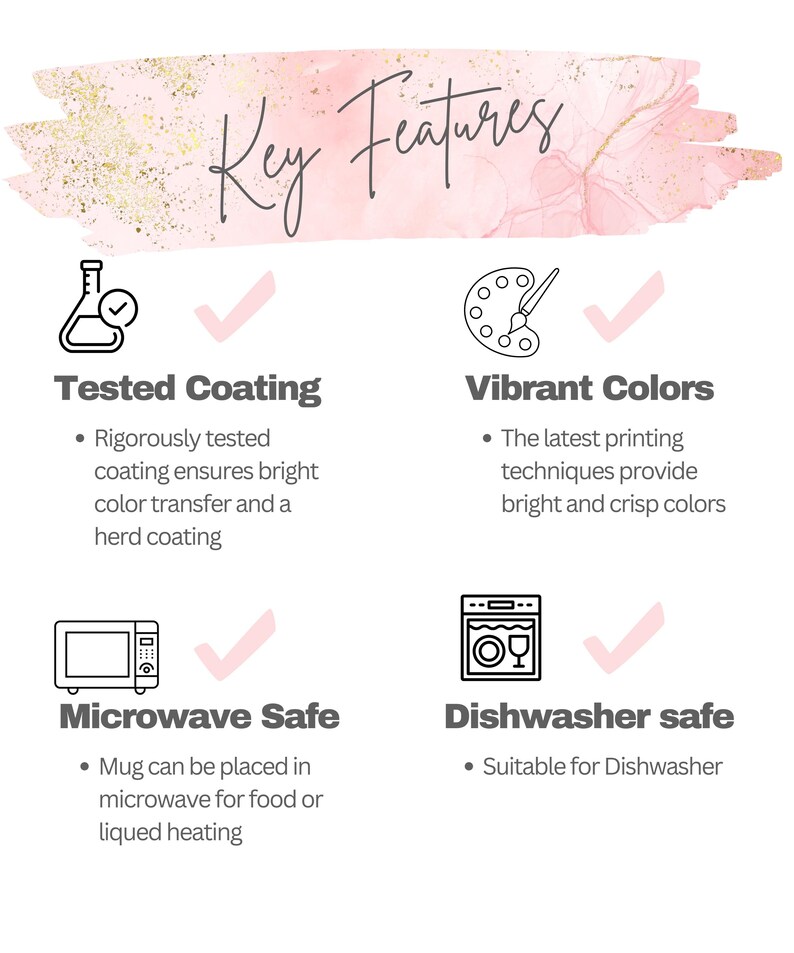 May include: An infographic titled "Key Features" in a script font, showcasing product attributes. The graphic includes icons and text indicating "Tested Coating," "Vibrant Colors," "Microwave Safe," and "Dishwasher Safe."