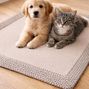 Puede incluir: Un cachorro de golden retriever y un gato atigrado gris están acostados uno al lado del otro sobre una alfombra beige con un borde gris. El cachorro tiene un pelaje marrón claro y el gato tiene rayas grises y blancas. La alfombra está sobre un suelo de madera.