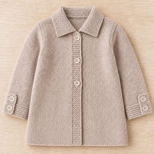 May include: A light brown, knitted cardigan with a collared neckline and long sleeves. The button-down sweater features four buttons down the front and two buttons on each cuff. The garment is made of a soft, textured material.