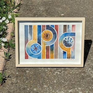 Acquerello astratto geometrico: “Genometric. Blu cobalto, ocra e bordeaux”. Quadro decorativo da collezionare e regalare. Pezzo unico.