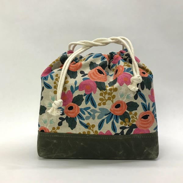 Rosa Floral Natural Large Drawstring Knitting Project Craft Bag - READY TO SHIP