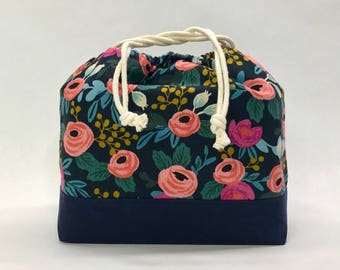Rosa Floral Navy Large Drawstring Knitting Project Craft Bag
