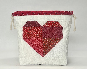 Patchwork Quilted Red Heart Large Drawstring Knitting Project Craft Bag