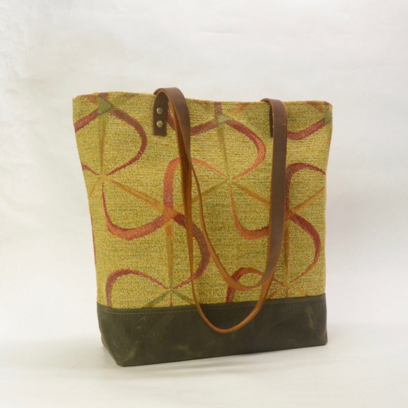Ribbon Swirl Waxed Canvas Tote Bag with Leather Straps